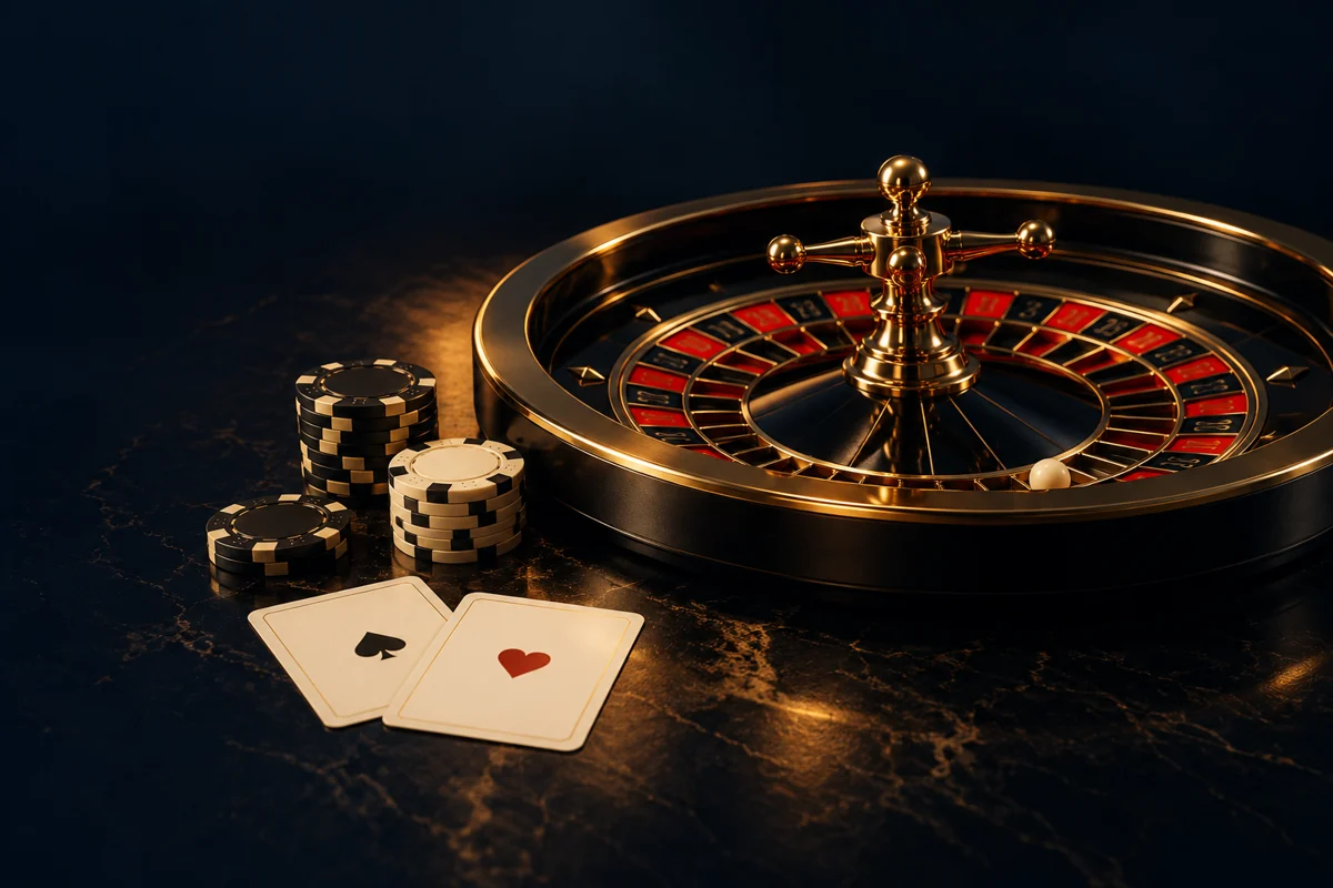 Ruleta de casino con fichas y cartas sobre una mesa oscura